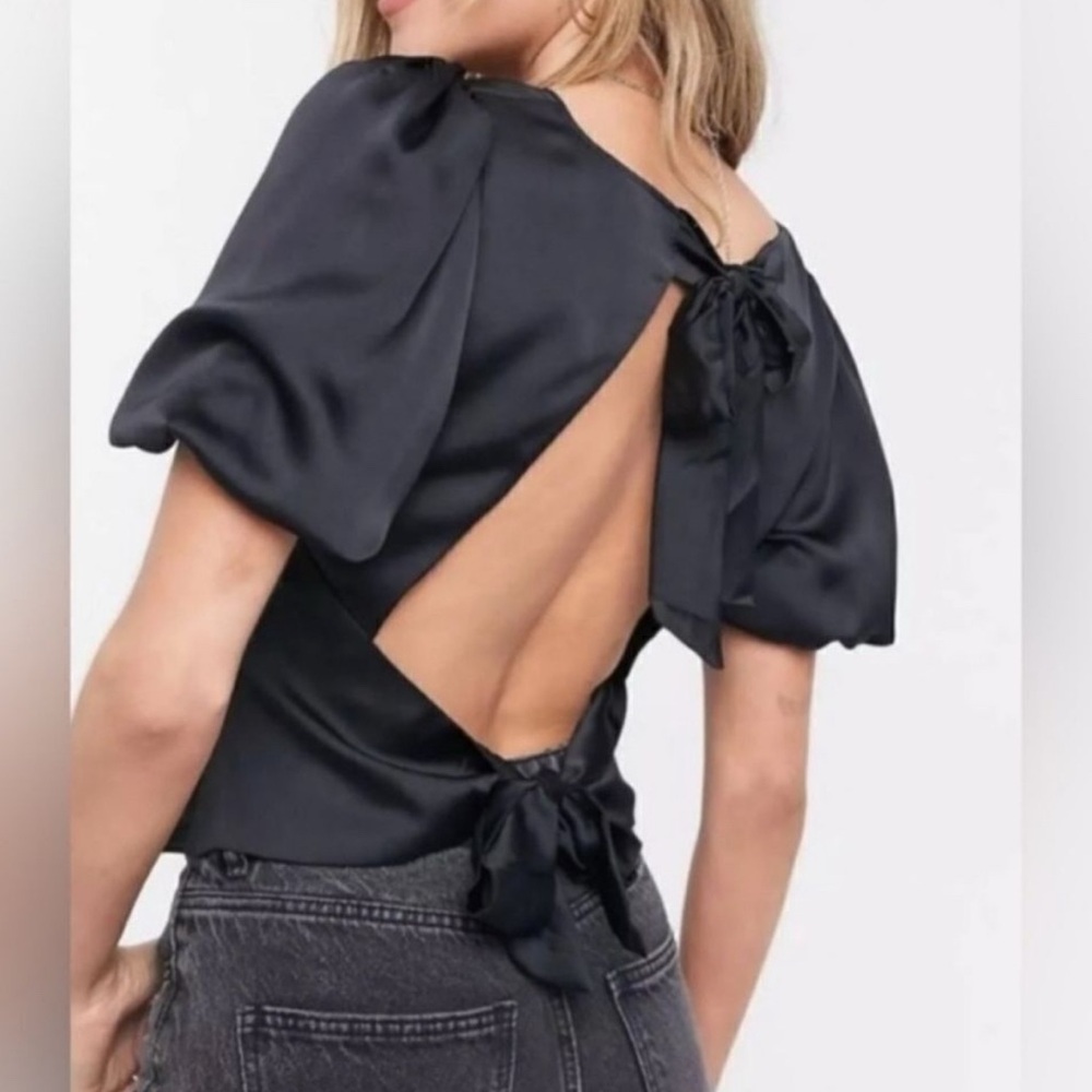 A&F Black Satin Puff Sleeve Blouse - Picture 2 of 6